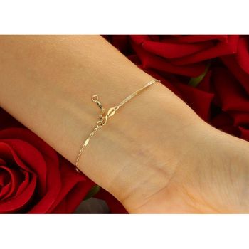 Delikatna złota bransoletka damska próby 585 w splocie Singapur, szerokość 1,5 mm, zdobiona małymi blaszkami. Długość regulowana 17 cm + 1 cm, waga 0,63 g, zapięcie na karabińczyk. 4.jpg